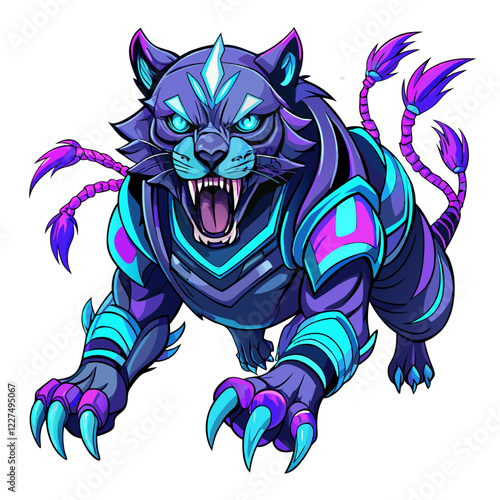Cybernetic tiger esports logo featuring neon blue and purple glowing details for a futuristic gaming appeal