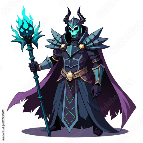 Mysterious dark paladin in gothic armor represents esports team with a fierce logo and magical staff