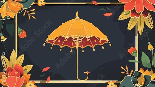 Indian Umbrella and Flowers Flat Vector Illustration