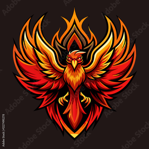 Majestic flaming phoenix logo with vibrant red and orange colors representing strength and resilience in esports branding