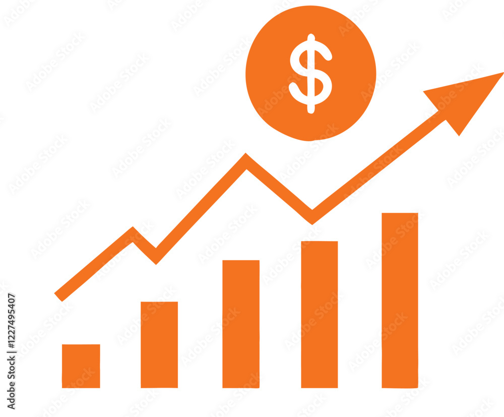 Bar Graph with Dollar Signs and Upward Arrow Bar Graph with Dollar Signs and Upward Arrow
