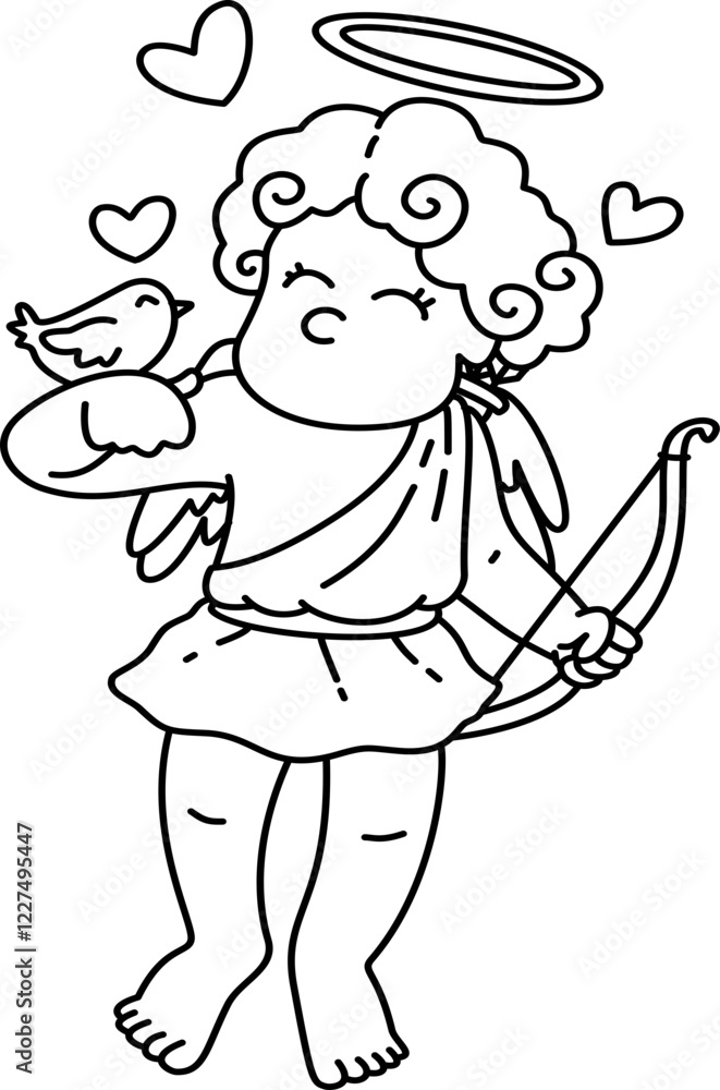 Fototapeta premium Hand drawn cute cupid boy cartoon doodle outline 