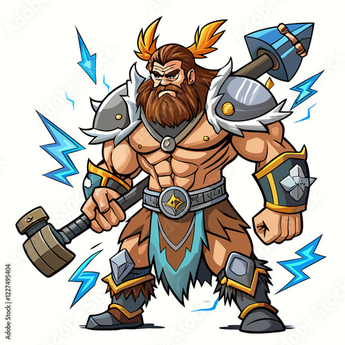 Muscular barbarian warrior logo exuding power with lightning effects and a mighty hammer in an esports theme
