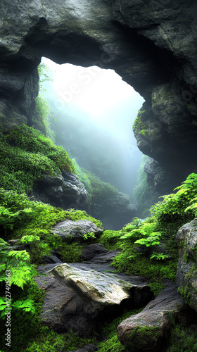 Discover the tranquil beauty of a misty cave adorned with vibrant greenery and rocks, inviting exploration and inner peace. photo