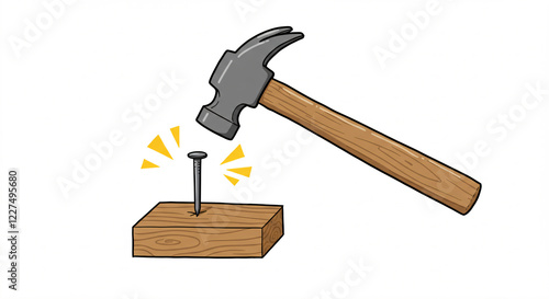 Cartoon hammer striking a nail into a wooden block.