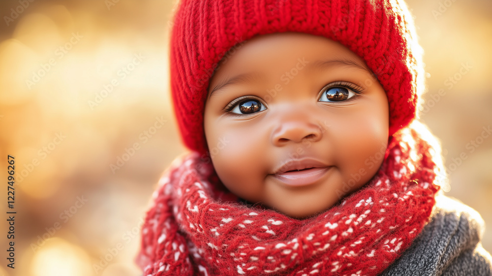 Close-up of an African American baby boy with deep dimples, wearing a red hat and scarf, sitting outdoors on a sunny day Close-up of an African American baby boy with deep dimples, wearing a red hat and scarf, sitting outdoors on a sunny day