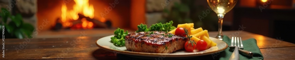 Steak on plate with a glass of white wine beside fireplace and dinnerware, warm lighting, cozy atmosphere, wine Steak on plate with a glass of white wine beside fireplace and dinnerware, warm lighting, cozy atmosphere, wine
