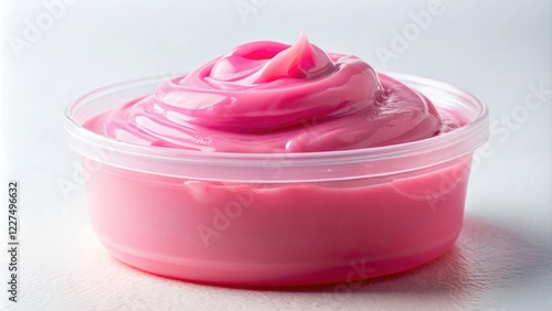 Soft pink slime oozing out of a small container, messy, jelly like, substance photo