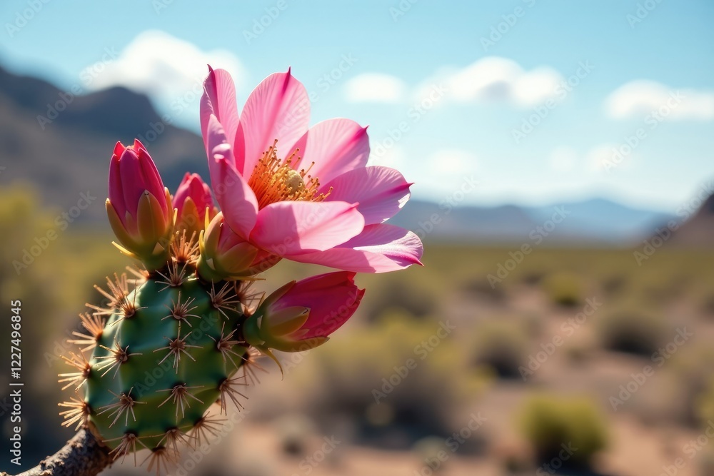 Soft pink cholla cactus flower blooms on a desert branch, landscape, succulent Soft pink cholla cactus flower blooms on a desert branch, landscape, succulent