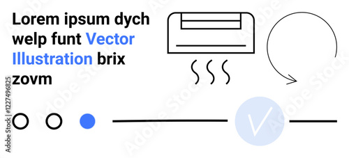 Abstract design featuring interface elements thumbs up circles and lines, textual placeholder, and icons including air conditioner and circular arrow. Ideal for UIUX, web design, software, tech
