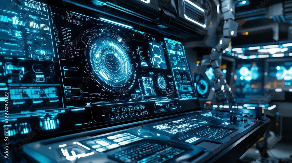 Futuristic Control Room with Digital Displays and Holographic Interface Futuristic Control Room with Digital Displays and Holographic Interface