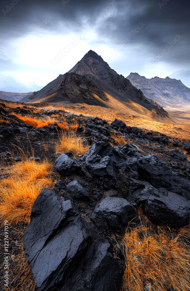 Obraz premium This stunning image captures an otherworldly volcanic landscape, with dramatic peaks and contrasting golden grass, under a moody sky, showcasing nature's raw beauty and power.