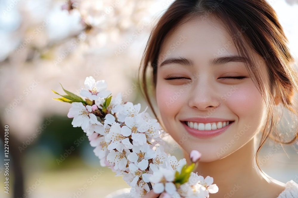 A joyful woman smiling while holding cherry blossoms close to her face, symbolizing the beauty of spring and the joy it brings to our everyday lives.