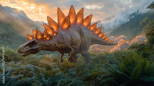 Stegosaurus Herd Walking Through Mountain Valley Under Cloudy Skies photo