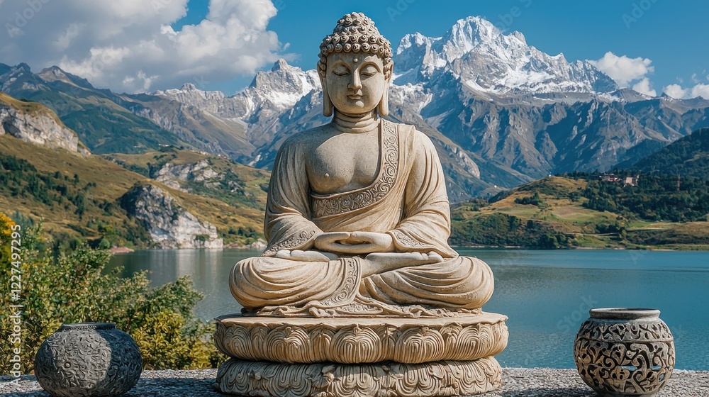 Serene Buddha Statue Mountain Lake Landscape Serene Buddha Statue Mountain Lake Landscape