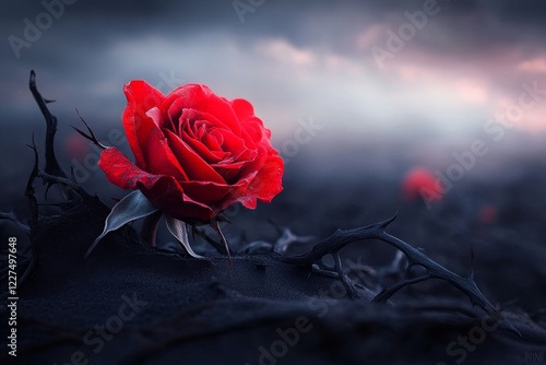 A dramatic scene of a single vibrant red rose blooming in a blackened, thorny garden under a stormy sky, symbolizing distinction in adversity photo