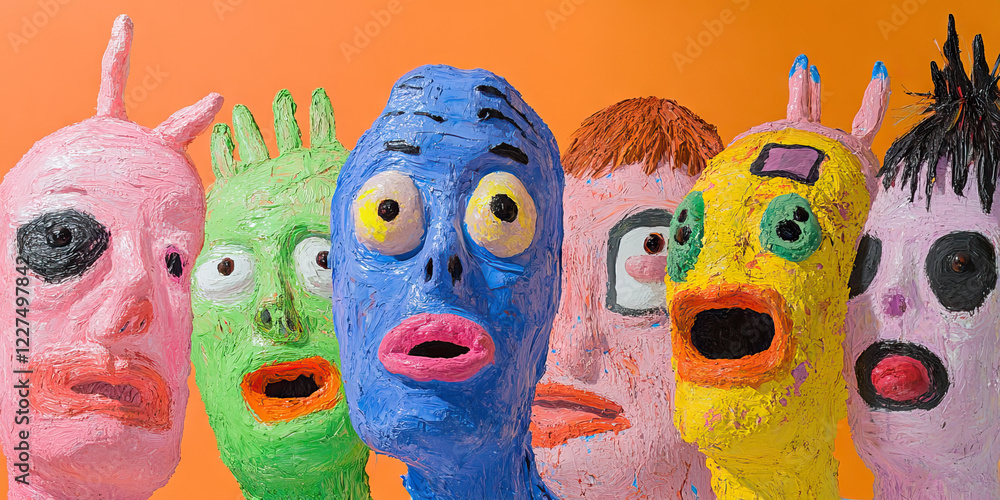 Obraz premium Six Impasto-Style Painted Sculptures of Stylized Faces