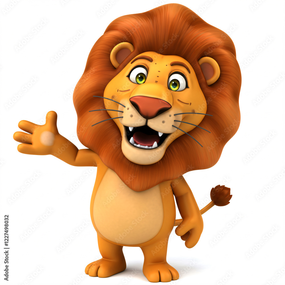 Naklejka premium Cartoon lion with a large mane waving cheerfully.