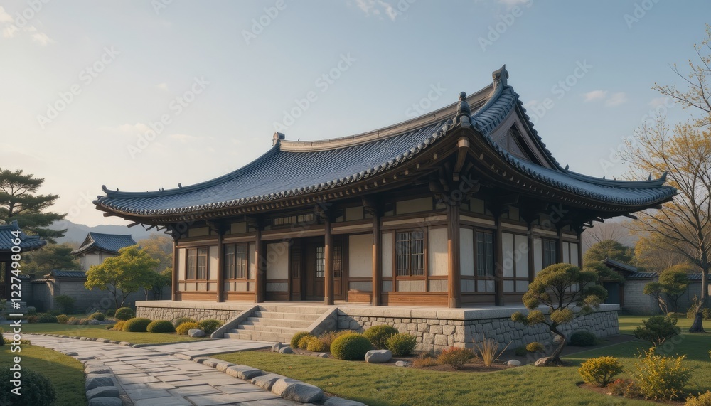 A traditional Korean hanok house with a curved tiled roof, surrounded by a beautifully manicured garden and a stone pathway in the city of Seoul A traditional Korean hanok house with a curved tiled roof, surrounded by a beautifully manicured garden and a stone pathway in the city of Seoul