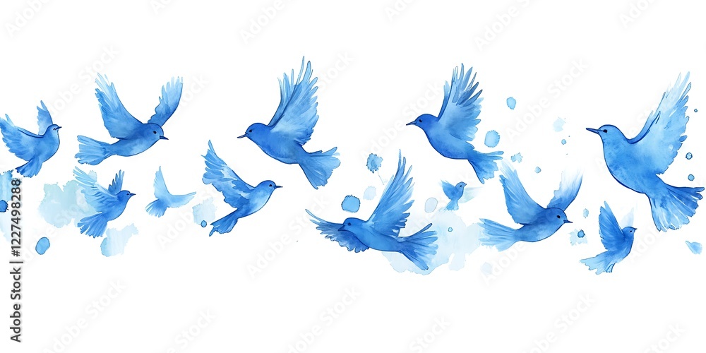 Obraz premium Blue birds flying in the sky, watercolor painting, banner