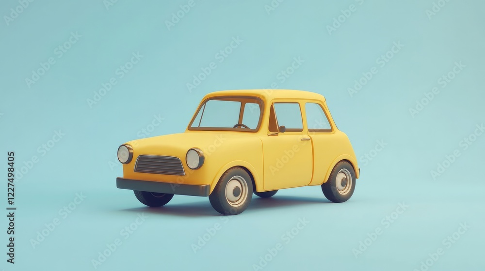 A 3D-rendered illustration of a cute, retro-style yellow car, designed in a cartoon aesthetic A 3D-rendered illustration of a cute, retro-style yellow car, designed in a cartoon aesthetic