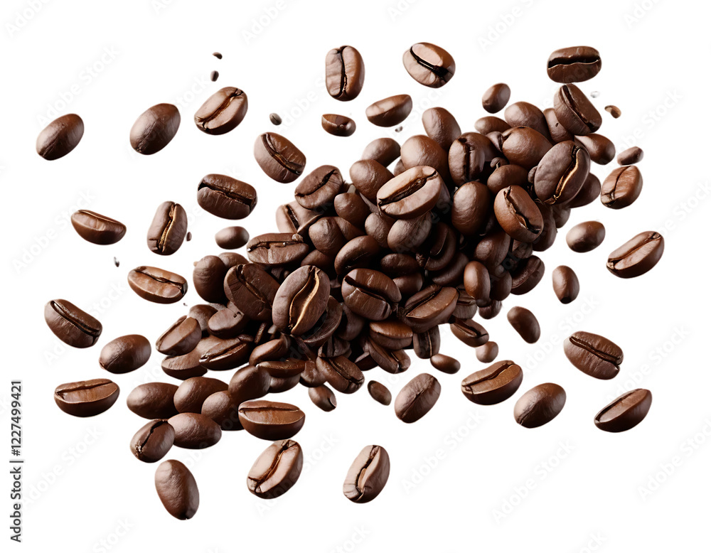 Obraz premium A Dynamic Composition of Floating Roasted Coffee Beans with Glossy Dark Brown Surface isolated on white and transparent background