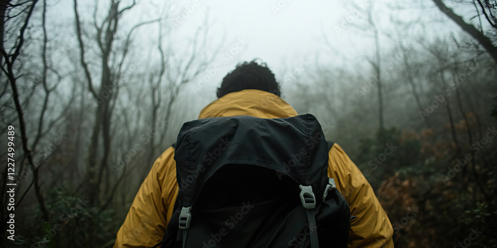 Person with Backpack Walking in Foggy Forest Person with Backpack Walking in Foggy Forest