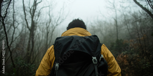 Wallpaper Mural Person with Backpack Walking in Foggy Forest Torontodigital.ca