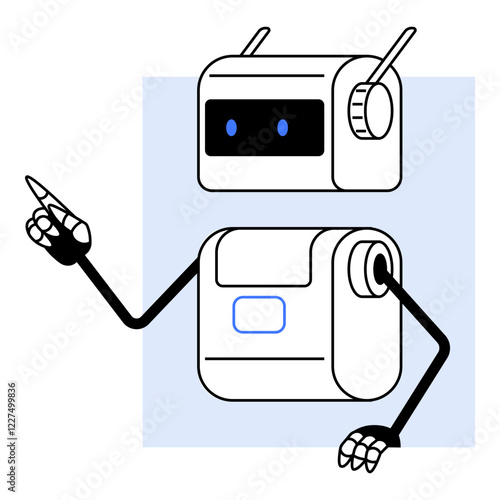 Robot with rectangular head, antennas, and a blue screen. Two black arms, pointing one finger. Ideal for technology, AI, robotics, automation, innovation, futuristic concepts, education. Landing page