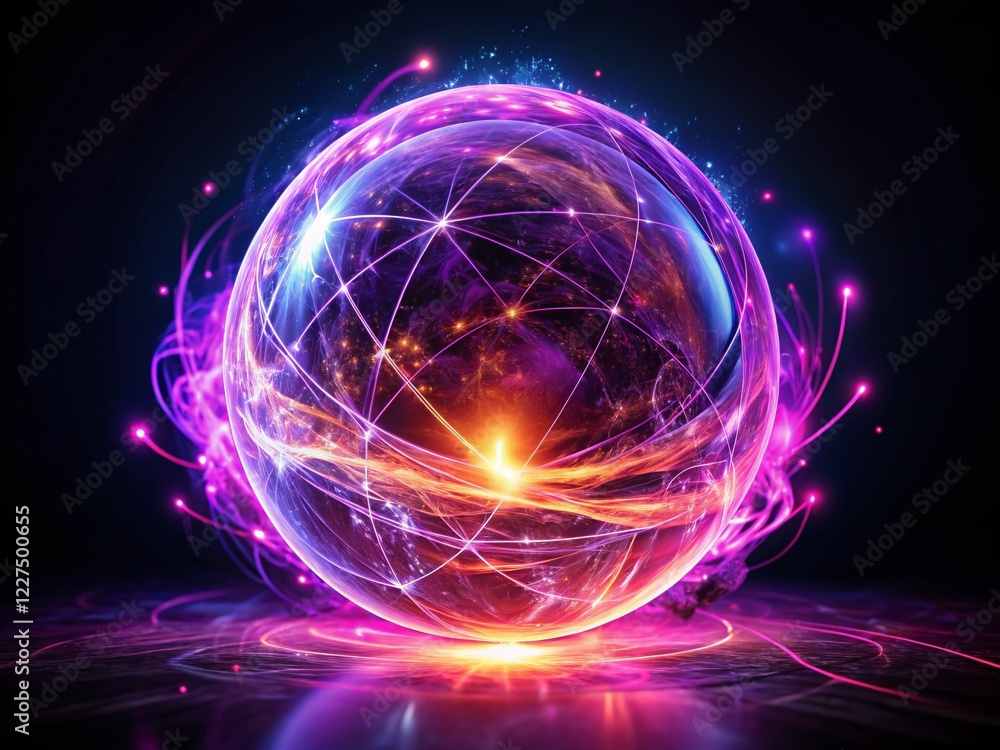 Obraz premium Abstract Neon Energy Sphere: Magical Purple Pink Glowing Particles & Waves