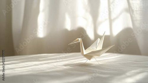 Elegant white origami crane on a soft surface with gentle sunlight filtering through curtains photo