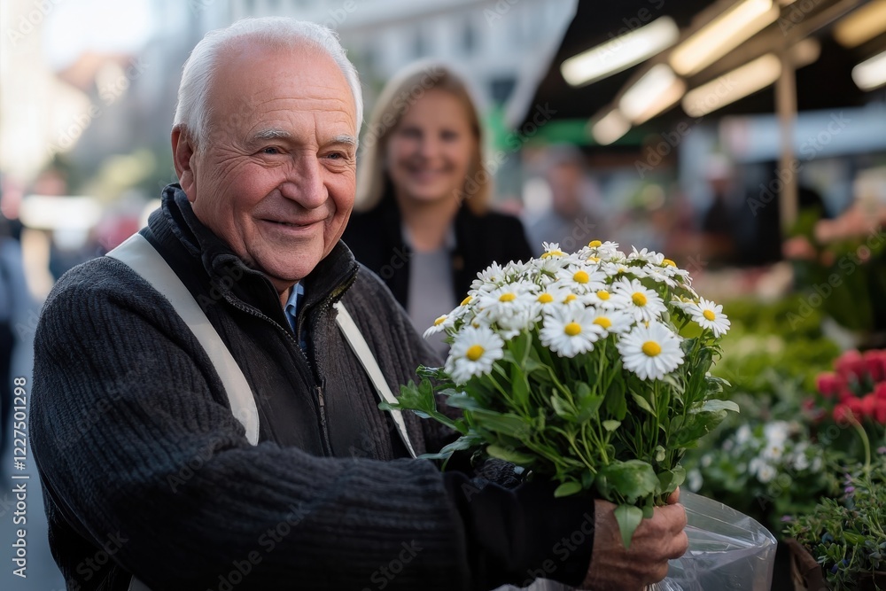 An elderly gentleman beams with joy as he holds a bouquet of white daisies while visiting a flower market, showcasing the beauty of nature and the vibrancy of life. An elderly gentleman beams with joy as he holds a bouquet of white daisies while visiting a flower market, showcasing the beauty of nature and the vibrancy of life.