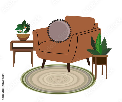 Cozy interior with stylish comfy furniture and home decorations. Mid century modern living room scene with armchair, round cushion, handmade rug, potted house plants. Flat Vector illustration isolated