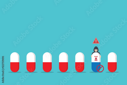 Fake medicine. Pill and tablet, criminal selling illegal drugs. Fake drugs, pharmaceutical. Symbolic for harmful counterfeit pills, risk and danger of illegal produced and sold pharmaceuticals.	
