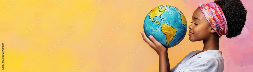 A girl kisses a globe, symbolizing love for the planet. A girl kisses a globe, symbolizing love for the planet.
