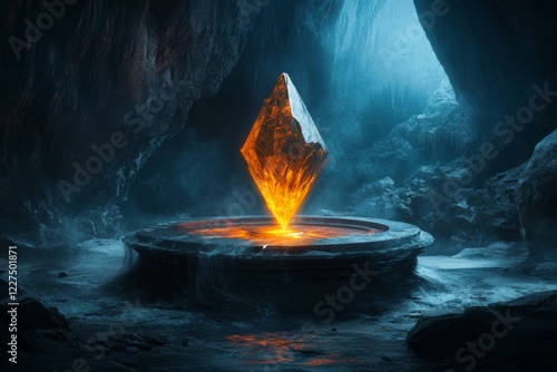 A fantastical depiction of a glowing crystal floating above a magical pedestal in a dark cave, with a hero reaching out to it, symbolizing a crucial turning point in a quest photo