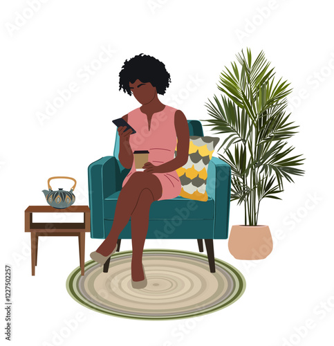 Black woman sitting in chair with mobile phone. Pretty african american girl in dress holding coffee cup. Living room with a potted plant, rug, tea pot on table. Vector illustration isolated on white.