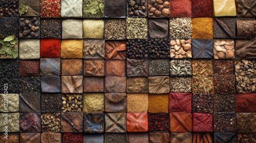 A collection of natural spices and traditional seasonings, displayed in an assortment of vibrant colors and textures