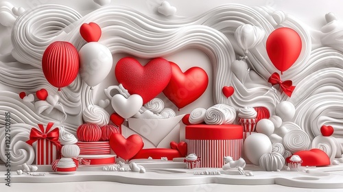 A romantic Valentine's Day scene featuring red and white hearts, balloons, gift boxes, and sweet treats arranged beautifully in a whimsical, love-filled setting. photo