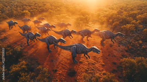 Muttaburrasaurus Herd Crossing Sunlit Outback Landscape photo