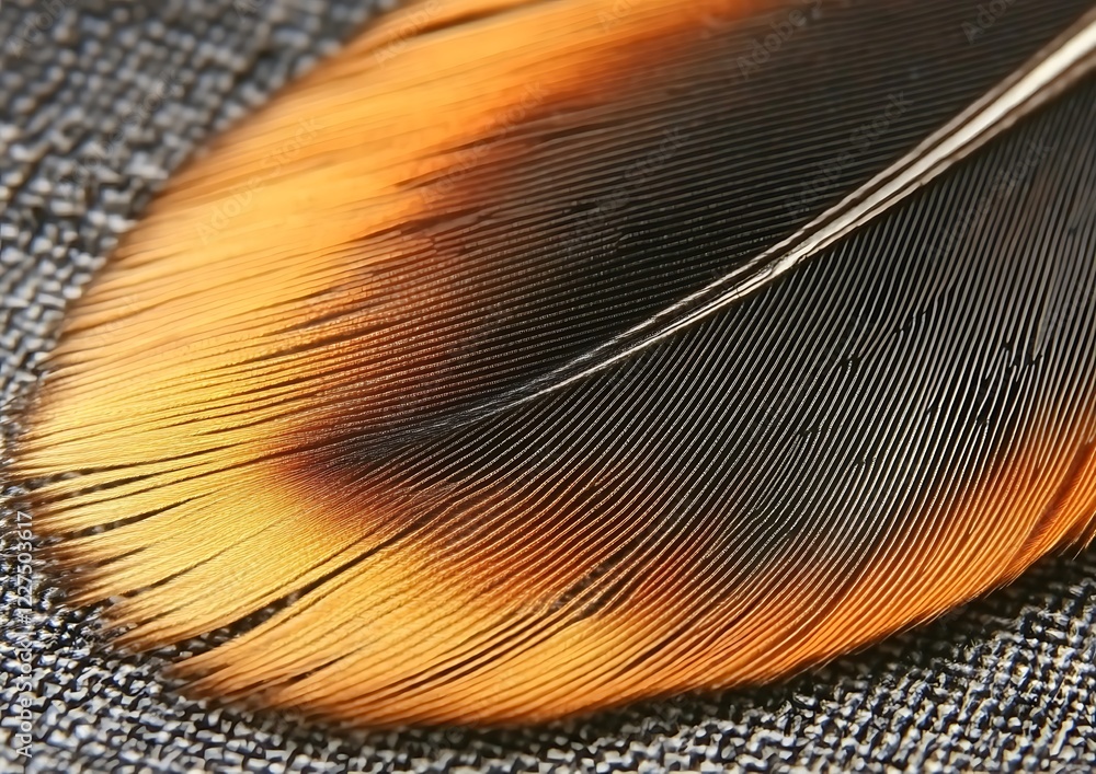 Orange feather detail on textile, close-up Orange feather detail on textile, close-up