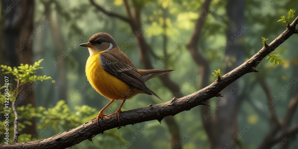 Small bird with yellow belly and brown back in the forest on a branch , forest floor, yellow belly Small bird with yellow belly and brown back in the forest on a branch , forest floor, yellow belly