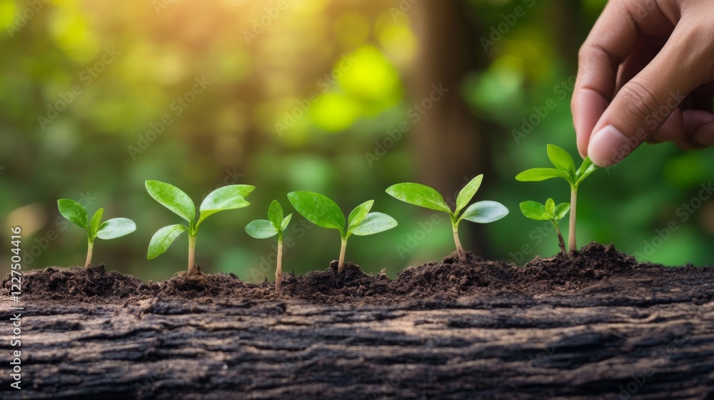 Fototapeta premium Hand nurturing a young sprout in the earth. A symbol of growth and nature's beauty.