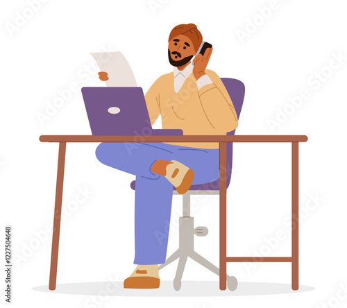 Indian man in turban working in the office flat vector illustration isolated on white.