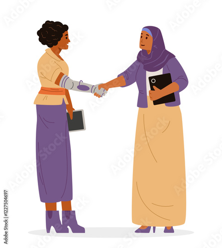 African American woman with hand prosthesis shaking hands with Arabian woman with tablet flat vector illustration isolated on white. Inclusive office concept.