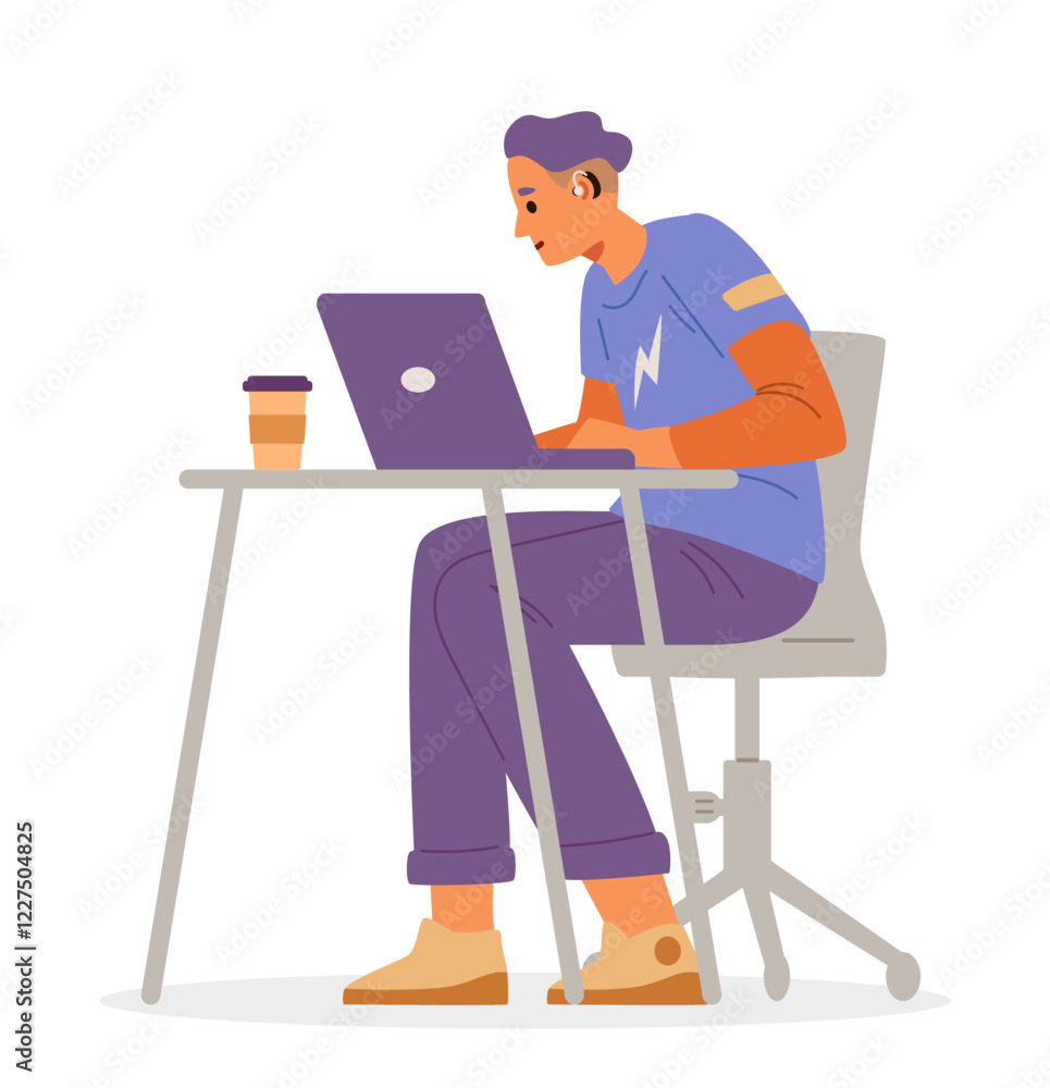 Young man with hearing aid working at laptop flat vector illustration isolated on white. Inclusive workplace concept. Young man with hearing aid working at laptop flat vector illustration isolated on white. Inclusive workplace concept.