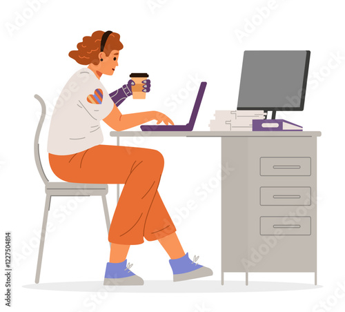 Woman with hand prosthesis working at laptop in the office flat vector illustration isolated on white. Inclusive workplace concept.