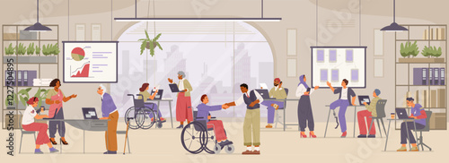 Horizontal open space office interior with diverse employees flat vector illustration. People of different age, ethnicity, in wheelchair, with disabilities. Inclusive workplace concept.