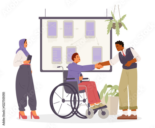 Diverse business team on a meeting. Disabled man in wheelchair shaking hands with African American colleague flat vector illustration isolated on white. Inclusive workplace concept.