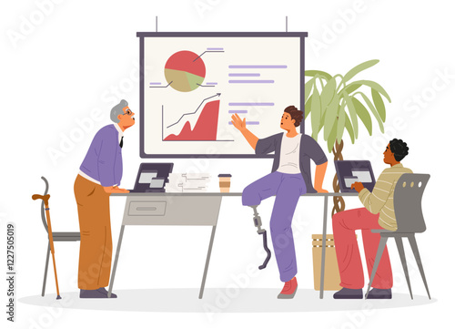 Diverse business team on a meeting flat vector illustration isolated on white. Man with leg prosthesis making business presentation. Inclusive workplace concept.